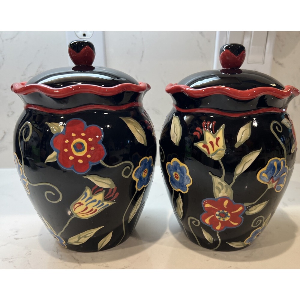 Susan Winget Cookie Jar Canister With Lid Floral‎ On Black Vintage Sold Seperate